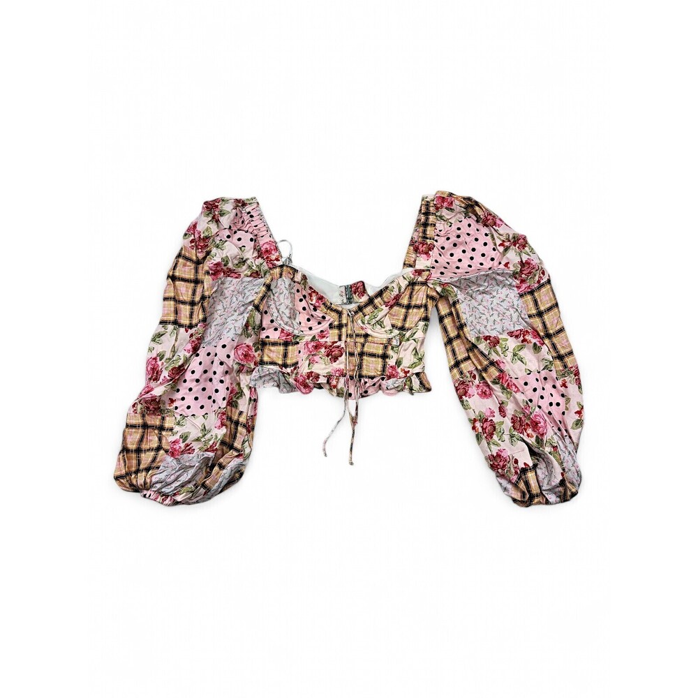 For Love & Lemons Patchwork Floral Puff Sleeve Crop Top XS
